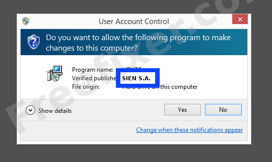 Screenshot where SIEN S.A. appears as the verified publisher in the UAC dialog